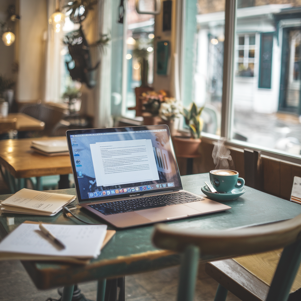 En Laptop in einem französischem Cafe. Ein perfekter Ort um seine Kreativität zu entfesseln.